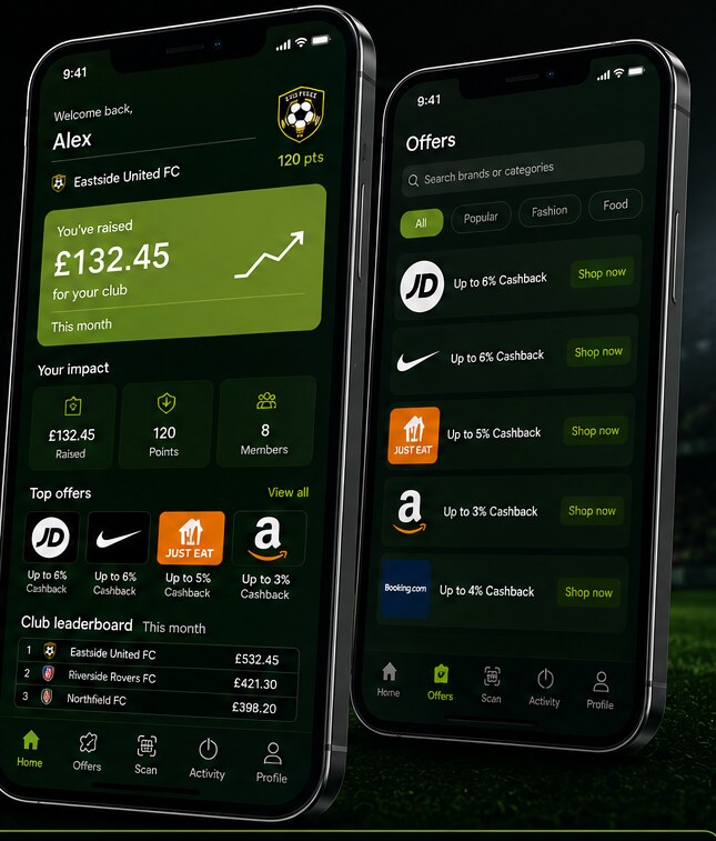 Two Club Back app screens: the club home dashboard and the offers page