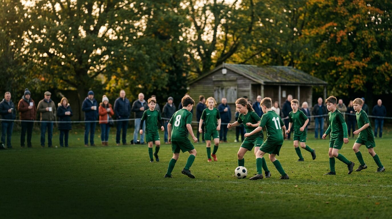 A youth grassroots football match with parents watching from the touchline in autumn light